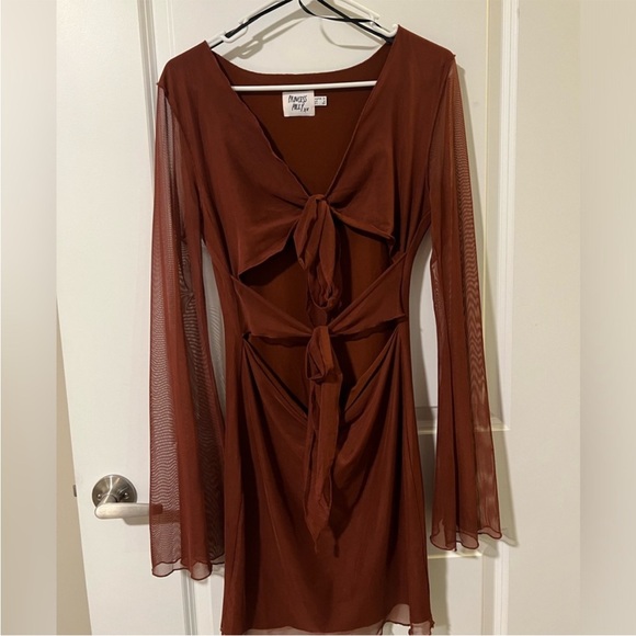 Princess Polly Brown Mesh Sleeve Cutout Tie Front Mini Dress | US 6 - Picture 2 of 5